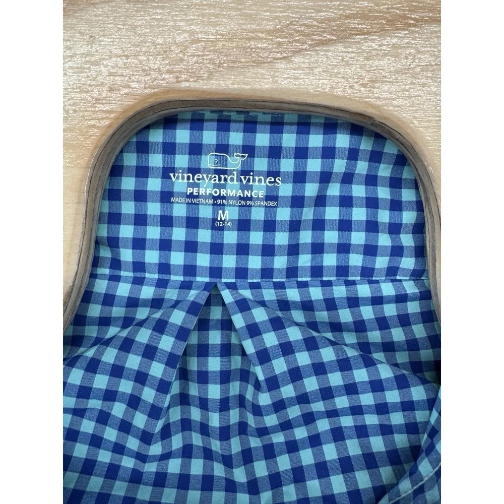 Vineyard Vines Peformance Shirt Blue Plaid Button Down Youth Boys Size‎ M 12-14